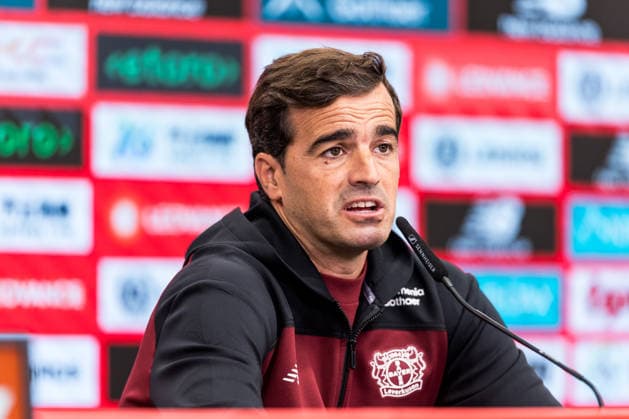 LEVERKUSEN, GERMANY - AUGUST 28: Carles Martinez (Head Coach Bayer 04 Leverkusen) during the pre game press conference, PK, Pressekonferenz before the Bundesliga match between Bayer 04 Leverkusen and SV Elversberg at BayArena on August 28, 2026 in Leverkusen, Germany. DFL REGULATIONS PROHIBIT ANY USE OF PHOTOGRAPHS AS IMAGE SEQUENCES AND OR QUASI-VIDEO. North Rhine Westphalia Germany Copyright: xSteffiexWunderlx