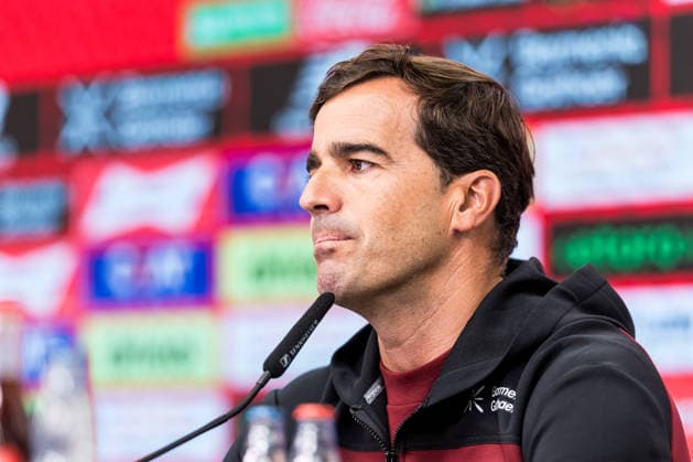 LEVERKUSEN, GERMANY - AUGUST 28: Carles Martinez (Head Coach Bayer 04 Leverkusen) during the pre game press conference, PK, Pressekonferenz before the Bundesliga match between Bayer 04 Leverkusen and SV Elversberg at BayArena on August 28, 2026 in Leverkusen, Germany. DFL REGULATIONS PROHIBIT ANY USE OF PHOTOGRAPHS AS IMAGE SEQUENCES AND OR QUASI-VIDEO. North Rhine Westphalia Germany Copyright: xSteffiexWunderlx
