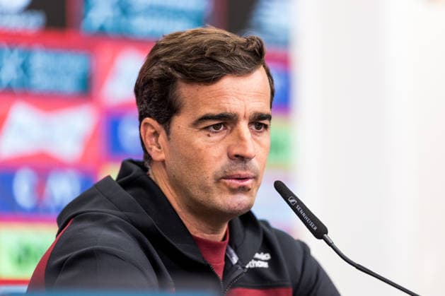 LEVERKUSEN, GERMANY - AUGUST 28: Carles Martinez (Head Coach Bayer 04 Leverkusen) during the pre game press conference, PK, Pressekonferenz before the Bundesliga match between Bayer 04 Leverkusen and SV Elversberg at BayArena on August 28, 2026 in Leverkusen, Germany. DFL REGULATIONS PROHIBIT ANY USE OF PHOTOGRAPHS AS IMAGE SEQUENCES AND OR QUASI-VIDEO. North Rhine Westphalia Germany Copyright: xSteffiexWunderlx