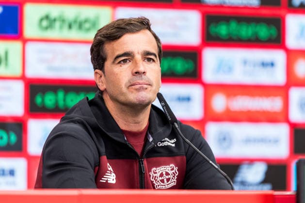 LEVERKUSEN, GERMANY - AUGUST 28: Carles Martinez (Head Coach Bayer 04 Leverkusen) during the pre game press conference, PK, Pressekonferenz before the Bundesliga match between Bayer 04 Leverkusen and SV Elversberg at BayArena on August 28, 2026 in Leverkusen, Germany. DFL REGULATIONS PROHIBIT ANY USE OF PHOTOGRAPHS AS IMAGE SEQUENCES AND OR QUASI-VIDEO. North Rhine Westphalia Germany Copyright: xSteffiexWunderlx