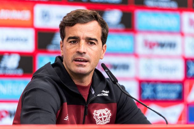 LEVERKUSEN, GERMANY - AUGUST 28: Carles Martinez (Head Coach Bayer 04 Leverkusen) during the pre game press conference, PK, Pressekonferenz before the Bundesliga match between Bayer 04 Leverkusen and SV Elversberg at BayArena on August 28, 2026 in Leverkusen, Germany. DFL REGULATIONS PROHIBIT ANY USE OF PHOTOGRAPHS AS IMAGE SEQUENCES AND OR QUASI-VIDEO. North Rhine Westphalia Germany Copyright: xSteffiexWunderlx