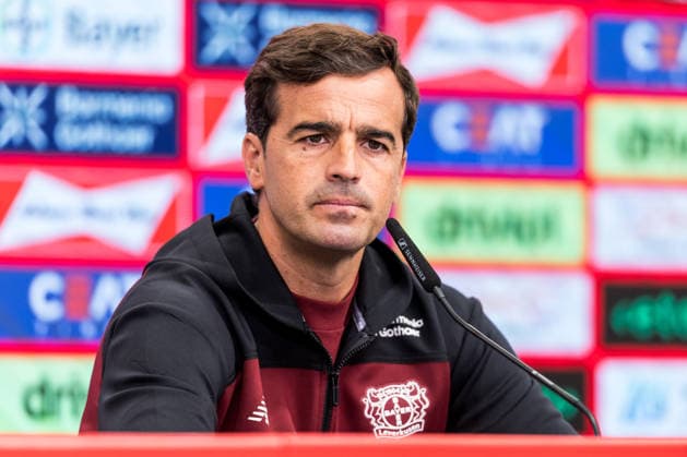 LEVERKUSEN, GERMANY - AUGUST 28: Carles Martinez (Head Coach Bayer 04 Leverkusen) during the pre game press conference, PK, Pressekonferenz before the Bundesliga match between Bayer 04 Leverkusen and SV Elversberg at BayArena on August 28, 2026 in Leverkusen, Germany. DFL REGULATIONS PROHIBIT ANY USE OF PHOTOGRAPHS AS IMAGE SEQUENCES AND OR QUASI-VIDEO. North Rhine Westphalia Germany Copyright: xSteffiexWunderlx