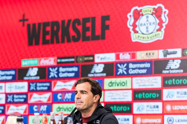 LEVERKUSEN, GERMANY - AUGUST 28: Carles Martinez (Head Coach Bayer 04 Leverkusen) during the pre game press conference, PK, Pressekonferenz before the Bundesliga match between Bayer 04 Leverkusen and SV Elversberg at BayArena on August 28, 2026 in Leverkusen, Germany. DFL REGULATIONS PROHIBIT ANY USE OF PHOTOGRAPHS AS IMAGE SEQUENCES AND OR QUASI-VIDEO. North Rhine Westphalia Germany Copyright: xSteffiexWunderlx