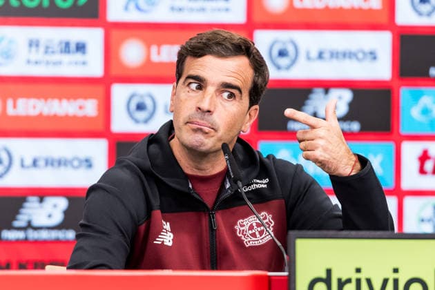 LEVERKUSEN, GERMANY - AUGUST 28: Carles Martinez (Head Coach Bayer 04 Leverkusen) during the pre game press conference, PK, Pressekonferenz before the Bundesliga match between Bayer 04 Leverkusen and SV Elversberg at BayArena on August 28, 2026 in Leverkusen, Germany. DFL REGULATIONS PROHIBIT ANY USE OF PHOTOGRAPHS AS IMAGE SEQUENCES AND OR QUASI-VIDEO. North Rhine Westphalia Germany Copyright: xSteffiexWunderlx