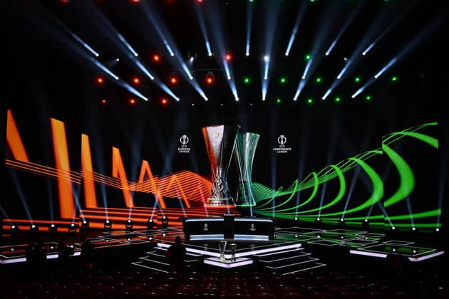 UEFA Europa League and Conference League 2026 27 League Phase Draws MONACO, MONACO - AUGUST 28: A general view shows the UEFA Europa League and UEFA Conference League trophies on stage ahead of the draws at the Grimaldi Forum in Monaco on August 28, 2026. Mustafa Yalcin Anadolu Monaco France. Editorial use only. Please get in touch for any other usage.  Copyright: x2026xAnadoluxMustafaxYalcinx