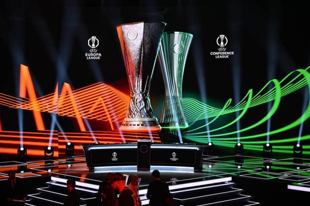 UEFA Europa League and Conference League 2026 27 League Phase Draws MONACO, MONACO - AUGUST 28: A general view shows the UEFA Europa League and UEFA Conference League trophies on stage ahead of the draws at the Grimaldi Forum in Monaco on August 28, 2026. Mustafa Yalcin Anadolu Monaco France. Editorial use only. Please get in touch for any other usage.  Copyright: x2026xAnadoluxMustafaxYalcinx