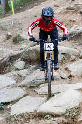 TRENTO, ITALY - AUGUST 28: Emma Bindhammer from Austria testing the track one last time before the Uci Mountainbike World Championship, WM, Weltmeisterschaft - Women and Men Elite Downhill qualifications at Val di Sole on August 28, 2026 in Trento, Italy. Trento Val di Sole Trento Italy Copyright: xJustPictures.ch FrancescoxMinghettix jp-en-EuSpIm-JP6_FRM_UCIWC_WMNDH_28_Aug_000143