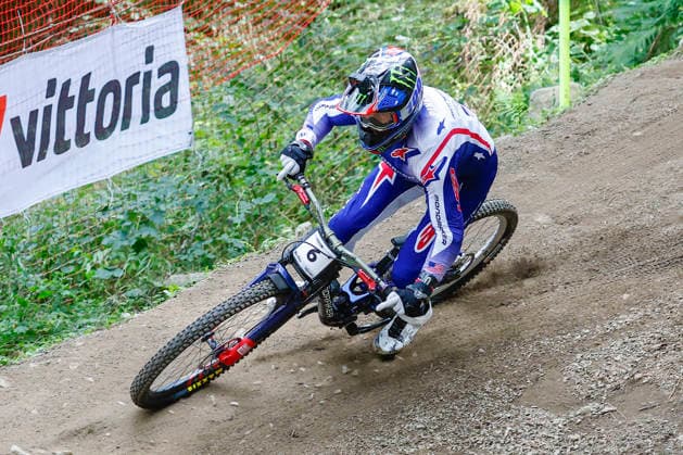 TRENTO, ITALY - AUGUST 28: Kenneth Pinkerton from USA testing the track one last time before the Uci Mountainbike World Championship, WM, Weltmeisterschaft - Women and Men Elite Downhill qualifications at Val di Sole on August 28, 2026 in Trento, Italy. Trento Val di Sole Trento Italy Copyright: xJustPictures.ch FrancescoxMinghettix jp-en-EuSpIm-JP6_FRM_UCIWC_WMNDH_28_Aug_000149