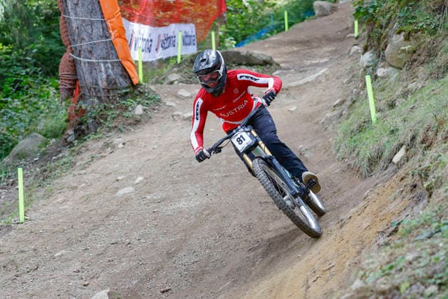 TRENTO, ITALY - AUGUST 28: Oliver Vogl from Austria testing the track one last time before the Uci Mountainbike World Championship, WM, Weltmeisterschaft - Women and Men Elite Downhill qualifications at Val di Sole on August 28, 2026 in Trento, Italy. Trento Val di Sole Trento Italy Copyright: xJustPictures.ch FrancescoxMinghettix jp-en-EuSpIm-JP6_FRM_UCIWC_WMNDH_28_Aug_000151