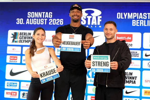 28.08.2026, Leichtathletik, GER DEU, Berlin, Deutschland, ISTAF PK, TopSport, GESA KRAUSE, Europameisterin 3000 Meter Hindernis LEO NEUGEBAUER, Welt- und -Europameister Zehnkampf Felix Streng 100m Para T64 KAWEH NIROOMAND, Olympiabeauftragter des Landes Berlin Berlin Berlin Berlin Deutschland *** August 28, 2026, Track and Field, GER DEU, Berlin, Germany, ISTAF Press Conference, TopSport, GESA KRAUSE, European Champion in the 3,000-meter steeplechase; LEO NEUGEBAUER, World and European Champion in the decathlon; Felix Streng, 100m Para T64; KAWEH NIROOMAND, Olympic Commissioner for the State of Berlin; Berlin; Berlin; Berlin; Germany Copyright: xNordphotox xEnglerx