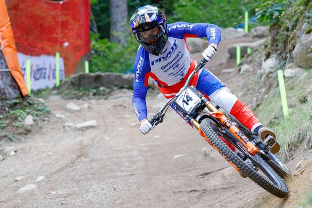 TRENTO, ITALY - AUGUST 28: Dylan Maples from USA on his last training ahead the Uci Mountainbike World Championship, WM, Weltmeisterschaft - Women and Men Elite Downhill qualifications at Val di Sole on August 28, 2026 in Trento, Italy. Trento Val di Sole Trento Italy Copyright: xJustPictures.ch FrancescoxMinghettix jp-en-EuSpIm-JP6_FRM_UCIWC_WMNDH_28_Aug_000157