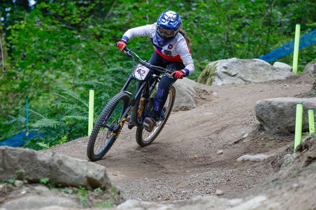 TRENTO, ITALY - AUGUST 28: Fernanda Gildemeister Menzel from Chile in action during the Uci Mountainbike World Championship, WM, Weltmeisterschaft - Women and Men Elite Downhill qualifications at Val di Sole on August 28, 2026 in Trento, Italy. Trento Val di Sole Trento Italy Copyright: xJustPictures.ch FrancescoxMinghettix jp-en-EuSpIm-JP6_FRM_UCIWC_WMNDH_28_Aug_000165