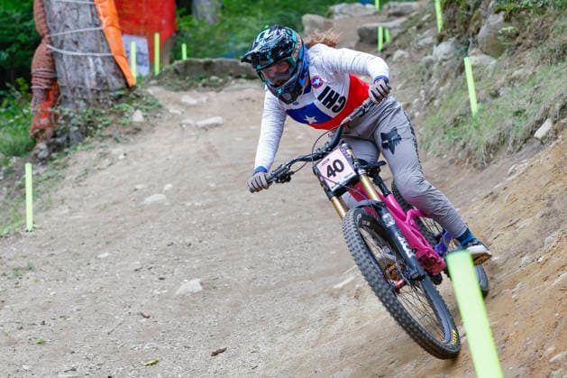 TRENTO, ITALY - AUGUST 28: Florencia Rodriguez Contardo from Chile in action during the Uci Mountainbike World Championship, WM, Weltmeisterschaft - Women and Men Elite Downhill qualifications at Val di Sole on August 28, 2026 in Trento, Italy. Trento Val di Sole Trento Italy Copyright: xJustPictures.ch FrancescoxMinghettix jp-en-EuSpIm-JP6_FRM_UCIWC_WMNDH_28_Aug_000167