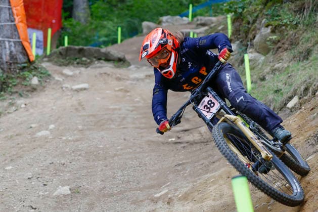 TRENTO, ITALY - AUGUST 28: Cristina Menendez Gonzalez from Spain in action during the Uci Mountainbike World Championship, WM, Weltmeisterschaft - Women and Men Elite Downhill qualifications at Val di Sole on August 28, 2026 in Trento, Italy. Trento Val di Sole Trento Italy Copyright: xJustPictures.ch FrancescoxMinghettix jp-en-EuSpIm-JP6_FRM_UCIWC_WMNDH_28_Aug_000168