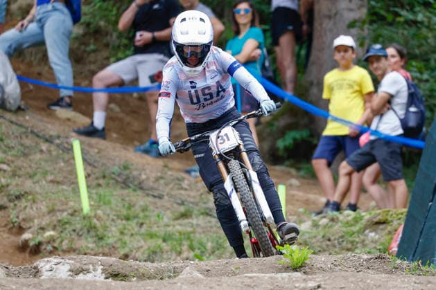 TRENTO, ITALY - AUGUST 28: Maylei Leaneagh from USA in action during the Uci Mountainbike World Championship, WM, Weltmeisterschaft - Women and Men Elite Downhill qualifications at Val di Sole on August 28, 2026 in Trento, Italy. Trento Val di Sole Trento Italy Copyright: xJustPictures.ch FrancescoxMinghettix jp-en-EuSpIm-JP6_FRM_UCIWC_WMNDH_28_Aug_000174-2