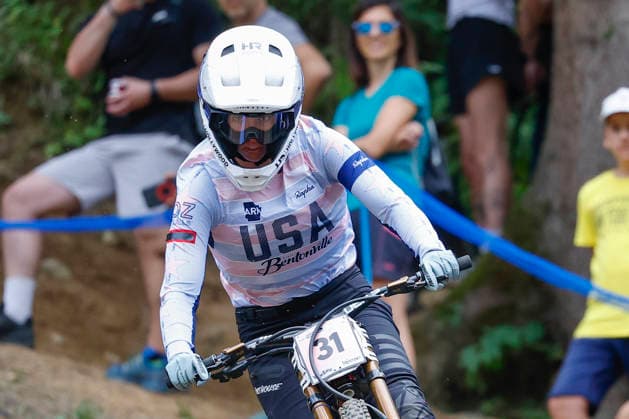 TRENTO, ITALY - AUGUST 28: Maylei Leaneagh from USA in action during the Uci Mountainbike World Championship, WM, Weltmeisterschaft - Women and Men Elite Downhill qualifications at Val di Sole on August 28, 2026 in Trento, Italy. Trento Val di Sole Trento Italy Copyright: xJustPictures.ch FrancescoxMinghettix jp-en-EuSpIm-JP6_FRM_UCIWC_WMNDH_28_Aug_000174