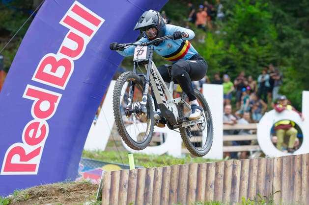 TRENTO, ITALY - AUGUST 28: Siel Van Der Velden from Belgium in action during the Uci Mountainbike World Championship, WM, Weltmeisterschaft - Women and Men Elite Downhill qualifications at Val di Sole on August 28, 2026 in Trento, Italy. Trento Val di Sole Trento Italy Copyright: xJustPictures.ch FrancescoxMinghettix jp-en-EuSpIm-JP6_FRM_UCIWC_WMNDH_28_Aug_000175