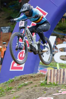 TRENTO, ITALY - AUGUST 28: Siel Van Der Velden from Belgium in action during the Uci Mountainbike World Championship, WM, Weltmeisterschaft - Women and Men Elite Downhill qualifications at Val di Sole on August 28, 2026 in Trento, Italy. Trento Val di Sole Trento Italy Copyright: xJustPictures.ch FrancescoxMinghettix jp-en-EuSpIm-JP6_FRM_UCIWC_WMNDH_28_Aug_000176