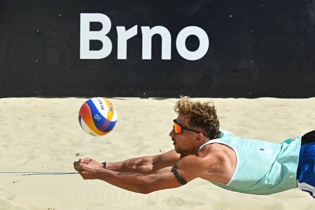 Max van Straten of Netherlands in action during the match between Matyas Dzavoronok and Jiri Sedlak of Czech Republic and Max van Straten and Benjamin Koch of Netherlands at the World Beach volleyball, Beachvolleyball Pro Tour, category Futures, on August 28, 2026, in Brno, Czech Republic. (CTKxPhoto PatrikxUhlir) CTKPhotoP2026082804969  CTKPhotoP2026082804969