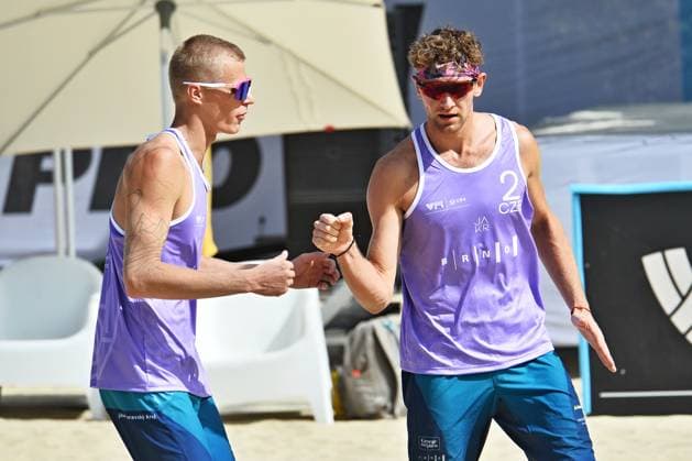 From left Matyas Dzavoronok and Jiri Sedlak of Czech Republic react during the match against Max van Straten and Benjamin Koch of Netherlands at the World Beach volleyball, Beachvolleyball Pro Tour, category Futures, on August 28, 2026, in Brno, Czech Republic. (CTKxPhoto PatrikxUhlir) CTKPhotoP2026082805030  CTKPhotoP2026082805030