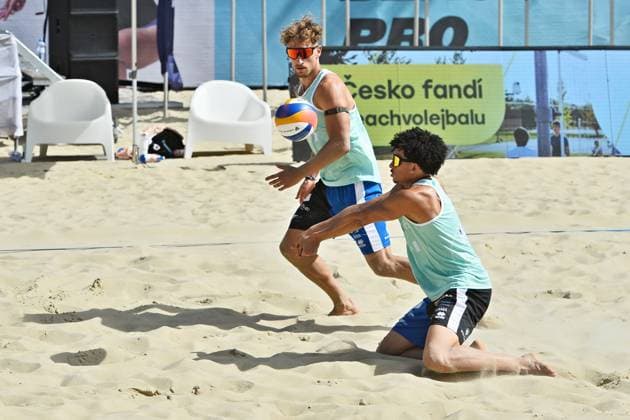 From left Max van Straten and Benjamin Koch of Netherlands in action during the match against Matyas Dzavoronok and Jiri Sedlak of Czech Republic at the World Beach volleyball, Beachvolleyball Pro Tour, category Futures, on August 28, 2026, in Brno, Czech Republic. (CTKxPhoto PatrikxUhlir) CTKPhotoP2026082805138  CTKPhotoP2026082805138