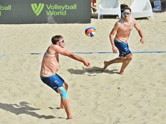 From left Jakub Sepka and Ondrej Perusic of Czech Republic in action during the match against David Vyoral and Simon Tuma of Czech Republic at the World Beach volleyball, Beachvolleyball Pro Tour, category Futures, on August 28, 2026, in Brno, Czech Republic. (CTKxPhoto PatrikxUhlir) CTKPhotoP2026082805291  CTKPhotoP2026082805291