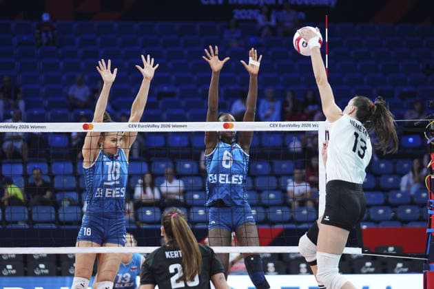 Slovenia v Hungary - CEV EuroVolley 2026 ISTANBUL, TURKIYE - AUGUST 28: Fatoumatta Sillah (6) and Sasa Planinsec (18) of Slovenia in action against Anett Nemeth (13) of Hungary during the CEV EuroVolley 2026 Women Group A match between Slovenia and Hungary at Sinan Erdem Dome in Istanbul, Turkiye on August 28, 2026. Bunyamin Celik Anadolu Istanbul Turkey. Editorial use only. Please get in touch for any other usage.  Copyright: x2026xAnadoluxBunyaminxCelikx