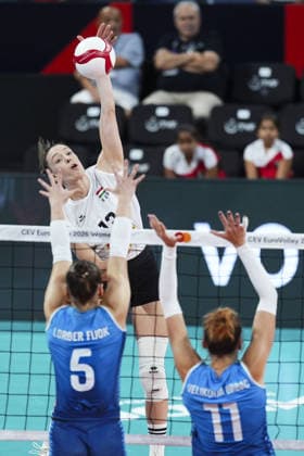 Slovenia v Hungary - CEV EuroVolley 2026 ISTANBUL, TURKIYE - AUGUST 28: Lorena Lorber Fijok (5) of Slovenia in action against Anett Nemeth (13) of Hungary during the CEV EuroVolley 2026 Women Group A match between Slovenia and Hungary at Sinan Erdem Dome in Istanbul, Turkiye on August 28, 2026. Bunyamin Celik Anadolu Istanbul Turkey. Editorial use only. Please get in touch for any other usage.  Copyright: x2026xAnadoluxBunyaminxCelikx