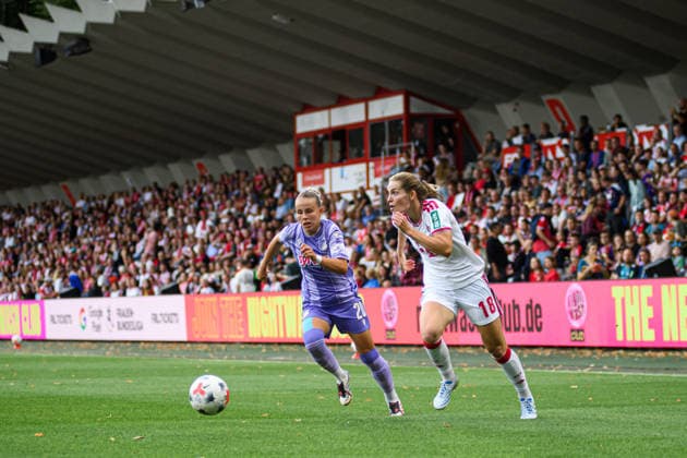 COLOGNE, GERMANY - 28 AUGUST, 2026: Laura Gloning, Taylor Ziemer - The football match 1. FC Koeln v TSG 1899 Hoffenheim - Google Pixel Frauen-Bundesliga at Franz-Kremer-Stadion.  Copyright: xVitaliixKliuievx