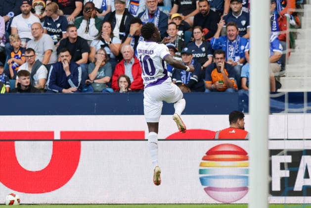 28.08.2026, xgrfx, Fussball 2.Bundesliga, VfL Bochum - VfL Osnabrück v.l. Tor, Ismail Badjie zum 1:0 (VfL Osnabrück) (DFL DFB REGULATIONS PROHIBIT ANY USE OF PHOTOGRAPHS as IMAGE SEQUENCES and or QUASI-VIDEO) Bochum *** August 28, 2026, xgrfx, Soccer 2. Bundesliga, VfL Bochum vs. VfL Osnabrück, goal, Ismail Badjie scores the 1–0 for VfL Osnabrück. DFL and DFB regulations prohibit any use of photographs as image sequences and or quasi-video. Bochum
