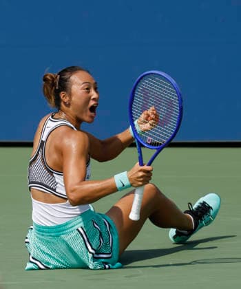 Qinwen Zheng of China celebrates after match point defeating Elena Pridankina in straight sets in their qualifying final at the 2026 US Open Tennis Championship at the USTA Billie Jean King National Tennis Center in New York City on Friday, August 28, 2026.  NYP20260828124 JOHNxANGELILLO