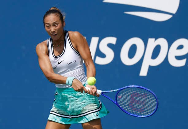 Qinwen Zheng of China returns a ball to Elena Pridankina before defeating her in straight sets in their qualifying final at the 2026 US Open Tennis Championship at the USTA Billie Jean King National Tennis Center in New York City on Friday, August 28, 2026.  NYP20260828128 JOHNxANGELILLO
