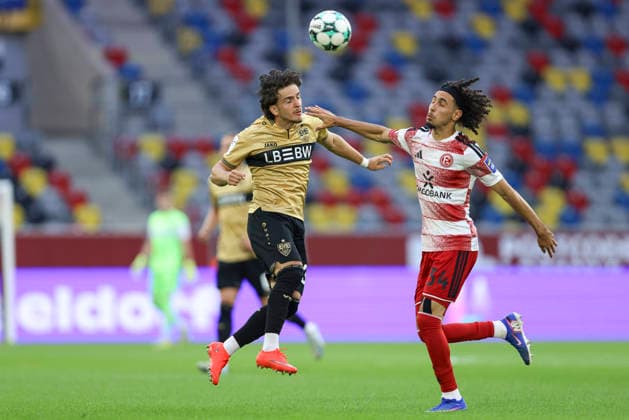 David Preu (VfB Stuttgart II) und Anas Slimani (Fortuna Duesseldorf) im Zweikampf waehrend des Spiels der 3. Liga zwischen Fortuna Duesseldorf und VfB Stuttgart II, Merkur Spiel-Arena am 28. August 2026 in Duesseldorf, Deutschland. (Foto von Oliver Kaelke DeFodi Images) +++ David Preu (VfB Stuttgart II) und Anas Slimani (Fortuna Duesseldorf) battle for the ball during the 3. Liga match between Fortuna Duesseldorf and VfB Stuttgart II at Merkur Spiel-Arena on August 28, 2026 in Dusseldorf, Germany. (Photo by Oliver Kaelke DeFodi Images) DFB DFL REGULATIONS PROHIBIT ANY USE OF PHOTOGRAPHS AS IMAGE SEQUENCES AND OR QUASI-VIDEO. (Photo by Oliver Kaelke DeFodi Images) -
