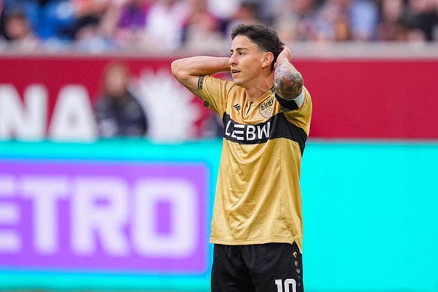 28.08.2026, xydrx, Fußball, 3.Liga, Fortuna Düsseldorf - VfB Stuttgart II, Saison 2026 2027, Merkur Spiel-Arena: Nicolas Sessa (VfB Stuttgart II, 10) ärgert sich über eine vergebene Chance DFB regulations prohibit any use of photographs as image sequences and or quasi-video. Copyright: HMBxMedia YannisxDreimann