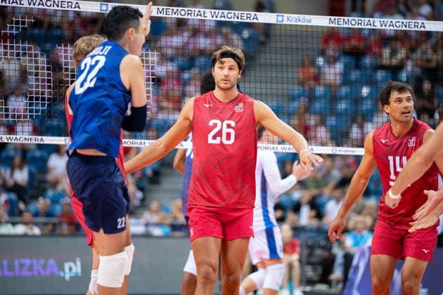 United States V France - XXIII Memorial Of Hubert Jerzy Wagner 2026. Matthew Knigge plays during a volleyball match between the United States and France at the Tauron Arena in Krakow, Poland, on August 28, 2026. The match is part of the XXIII Memorial of Hubert Jerzy Wagner, an International Friendly, Länderspiel, Nationalmannschaft tournament in Cracow. Krakow Poland  Copyright: xMarcinxGolbax originalFilename:golba-unitedst260828_npDy5.jpg