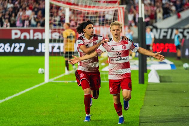 Anas Slimani (Fortuna Düsseldorf, 34) und Andreas Mueller (Fortuna Düsseldorf, 06) Torschuetze feiern das 1:0 fuer Fortuna Duesseldorf Fortuna Duesseldorf vs. VFB Stuttgart II, Fussball, 3.Liga, 03.Spieltag, Saison 2026 27, 28.08.2026, DFL REGULATIONS PROHIBIT ANY USE OF PHOTOGRAPHS AS IMAGE SEQUENCES AND OR QUASI-VIDEO, Fortuna Duesseldorf vs. VFB Stuttgart II, Fussball, 3.Liga, 3.Spieltag, Saison 2026 27, 28.08.2026 Düsseldorf Copyright: xEibner-Pressefoto LukasxBaldygax EP_LBA