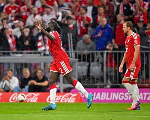 28.08.2026, Fussball Bundesliga 2026 2027, 1.Spieltag, FC Bayern München - VfB Stuttgart, in der Allianz-Arena München, Dayot Upamecano (FC Bayern München) und Harry Kane (FC Bayern München) jubeln ***DFL and DFB regulations prohibit any use of photographs as image sequences and or quasi-video.*** *** August 28, 2026, 2026–2027 Bundesliga season, Matchday 1, FC Bayern Munich vs. VfB Stuttgart, at the Allianz Arena in Munich, Dayot Upamecano (FC Bayern Munich) and Harry Kane (FC Bayern Munich) celebrate ***DFL and DFB regulations prohibit any use of photographs as image sequences and or quasi-video***