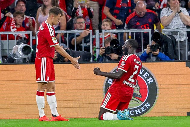 28.08.2026, Fußball, FC Bayern München - VfB Stuttgart, 1. Fußball Bundesliga, 1. Spieltag, Allianz-Arena, Saison 2026 2027: Torjubel nach dem Tor zum 1:0 durch Torschütze Dayot Upamecano (FC Bayern München 02) DFB regulations prohibit any use of photographs as image sequences and or quasi-video. Bayern Deutschland *** August 28, 2026, Soccer, FC Bayern Munich vs. VfB Stuttgart, Bundesliga 1, Matchday 1, Allianz Arena, 2026–2027 Season. Celebrations after the 1–0 goal by Dayot Upamecano. FC Bayern Munich 02. DFB regulations prohibit any use of photographs as image sequences and or quasi-video. Bayern, Germany