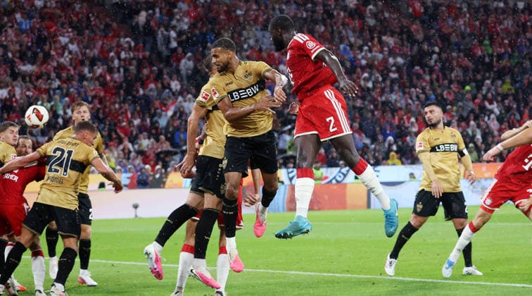 2026.08.28, Deutschland, Bayern Fußball FC Bayern München vs. VfB Stuttgart, Tor zum 1:0, oben v.l. Josha Vagnoman (VfB), Torschütze Dayot Upamecano (Bayern) Gemäß den Vorgaben der DFL Deutsche Fußball Liga ist es untersagt, in dem Stadion und oder vom Spiel angefertigte Fotoaufnahmen in Form von Sequenzbildern und oder videoähnlichen Fotostrecken zu verwerten bzw. verwerten zu lassen. DFL, DFB regulations prohibit any use of photographs as image sequences and or quasi-video. *** August 28, 2026, Germany, Bavaria: FC Bayern Munich vs. VfB Stuttgart, goal making it 1–0, top left: Josha Vagnoman (VfB), Goal scorer: Dayot Upamecano (Bayern). In accordance with the regulations of the DFL (German Soccer League), it is prohibited to use or allow the use of photographs taken in the stadium and or during the game in the form of image sequences and or video-like photo series. DFL, DFB regulations prohibit any use of photographs as image sequences and or quasi-video sequences