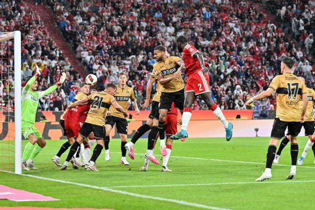 MUNICH, GERMANY - 28. AUGUST: Dayot UPAMECANO (FC Bayern Munich 2) scores the goal to makes 1-0 Tor Torschuetze Freude Happy during the Bundesliga Match between FC Bayern Munich vs. VfB Stuttgart at Matchday 1 at Allianz Arena DFL REGULATIONS PROHIBIT ANY USE OF PHOTOGRAPHS AS IMAGE SEQUENCES AND OR QUASI-VIDEO Copyright: xBEAUTIFULxSPORTS Goldbergx