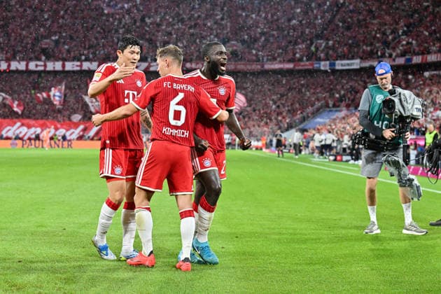 MUNICH, GERMANY - 28. AUGUST: Bayern Munich celebrates the goal from Dayot UPAMECANO (FC Bayern Munich 2) to makes 1-0 Tor Torschuetze Freude Happy während dem Testspiel zwischen den Eisbären Berlin und den Augsburger Panthern beim Dolomitencup in der Würth Arena Neumarkt DFL REGULATIONS PROHIBIT ANY USE OF PHOTOGRAPHS AS IMAGE SEQUENCES AND OR QUASI-VIDEO Copyright: xBEAUTIFULxSPORTS Goldbergx