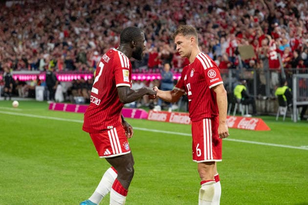 GER, Bayern, Muenchen, Fussball, FC Bayern Muenchen - VfB Stuttgart, in der Allianz Arena, Muenchen, Bundesliga, 1. Spieltag, 28.08.26, v.l. Dayot Upamecano (FC Bayern Muenchen, 2), Joshua Kimmich (FC Bayern Muenchen, 6), Torjubel, Freude, Emotionen, Jubel, Feiern, Goal Scored, Celebrate, goal celebration, joy, emotions, celebration, cheering, goal scored, celebrate DFL DFB regulations prohibit any use of photographs as image sequences and or quasi-video, *** GER, Bavaria, Munich, Soccer, FC Bayern Munich vs. VfB Stuttgart, at the Allianz Arena, Munich, Bundesliga, Matchday 1, August 28, 2026, v l Dayot Upamecano, FC Bayern Munich, 2, Joshua Kimmich, FC Bayern Munich, 6, goal celebration, joy, emotions, cheering, celebration, goal scored, Celebrate, goal celebration, joy, emotions, celebration, cheering, goal scored, celebrate. DFL and DFB regulations prohibit any use of photographs as image sequences and or quasi-video, Copyright: HMB-Media MichaelxNibel
