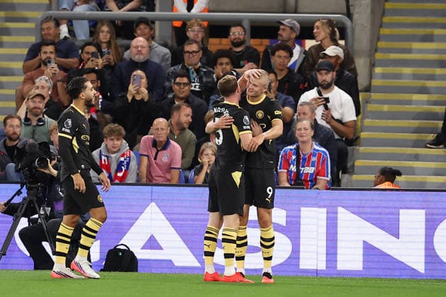28th August 2026; Selhurst Park, Selhurst, London, England; Premier League Football, Crystal Palace versus Manchester City; Erling Haaland of Manchester City celebrates his goal in the 17th minute for 0-1 KatiexChan