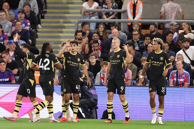 28th August 2026; Selhurst Park, Selhurst, London, England; Premier League Football, Crystal Palace versus Manchester City; Erling Haaland of Manchester City celebrates his goal in the 17th minute for 0-1 KatiexChan
