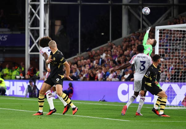 London, England, 28th August 2026. Erling Haaland of Manchester City scores to make it 1-0 during the Crystal Palace vs Manchester City Premier League match at Selhurst Park, London. Picture credit should read: Paul Terry Sportimage EDITORIAL USE ONLY. No use with unauthorised audio, video, data, fixture lists, club league logos or live services. Online in-match use limited to 120 images, no video emulation. No use in betting, games or single club league player publications. SPI_023_PT_Palace_Man_City SPI-4936-0023