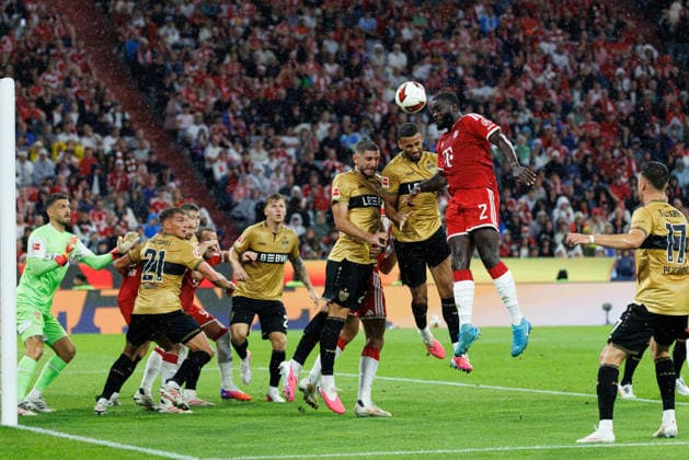 Dayot Upamecano (2, FC Bayern München), Jeff Chabot (24, VfB Stuttgart) und Josha Vagnoman (4, VfB Stuttgart) Tor zum 1 : 0 beim Spiel zwischen FC Bayern München v VfB Stuttgart, Fussball, Herren, Bundesliga, 2026 2027, 1.Spieltag am 28.08.2026 in München, Allianz Arena. DFL and DFB regulations prohibit any use of photographs as image sequences and or quasi-video. Bayern Deutschland *** Dayot Upamecano 2, FC Bayern Munich; Jeff Chabot 24, VfB Stuttgart; and Josha Vagnoman 4, VfB Stuttgart—goal making the score 1–0 in the match between FC Bayern Munich and VfB Stuttgart, soccer, men s, Bundesliga, 2026–2027, Matchday 1 on August 28, 2026, in Munich, Allianz Arena. DFL and DFB regulations prohibit any use of photographs as image sequences and or quasi-video. Bavaria, Germany