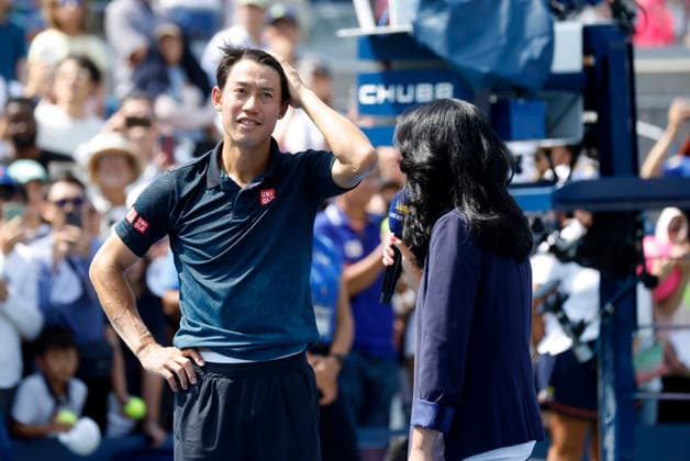 Kei Nishikori of Japan speaks on the court after his straight sets defeat to Rei Sakamoto of Japan in a qualifying final round match at the 2026 US Open Tennis Championship at the USTA Billie Jean King National Tennis Center in New York City on Friday, August 28, 2026. This was Nishikori s final Grand Slam appearance.  NYP20260828144 JOHNxANGELILLO