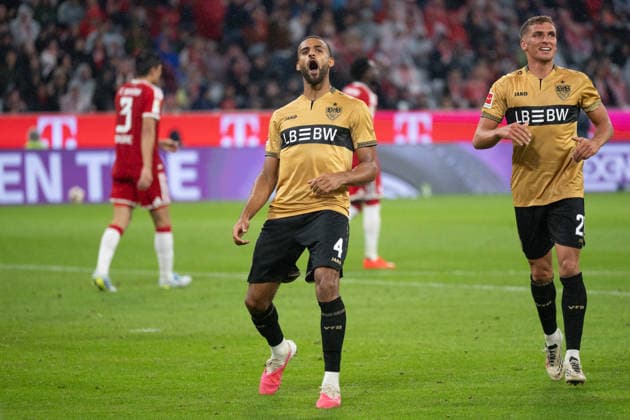 GER, Bayern, Muenchen, Fussball, FC Bayern Muenchen - VfB Stuttgart, in der Allianz Arena, Muenchen, Bundesliga, 1. Spieltag, 28.08.26, v.l. Josha Vagnoman (VfB Stuttgart, 4), Torjubel, Freude, Emotionen, Jubel, Feiern, Goal Scored, Celebrate, goal celebration, joy, emotions, celebration, cheering, goal scored, celebrate DFL DFB regulations prohibit any use of photographs as image sequences and or quasi-video, *** GER, Bavaria, Munich, Soccer, FC Bayern Munich vs. VfB Stuttgart, at the Allianz Arena, Munich, Bundesliga, Matchday 1, August 28, 2026, from left: Josha Vagnoman, VfB Stuttgart, 4, goal celebration, joy, emotions, cheering, celebrating, goal scored, celebrate, goal celebration, joy, emotions, celebration, cheering, goal scored, celebrate. DFL and DFB regulations prohibit any use of photographs as image sequences and or quasi-video, Copyright: HMB-Media MichaelxNibel