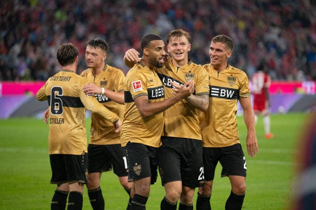 GER, Bayern, Muenchen, Fussball, FC Bayern Muenchen - VfB Stuttgart, in der Allianz Arena, Muenchen, Bundesliga, 1. Spieltag, 28.08.26, v.l. VfB Stuttgart, Torjubel, Freude, Emotionen, Jubel, Feiern, Goal Scored, Celebrate, goal celebration, joy, emotions, celebration, cheering, goal scored, celebrate DFL DFB regulations prohibit any use of photographs as image sequences and or quasi-video, *** GER, Bavaria, Munich, Soccer, FC Bayern Munich vs. VfB Stuttgart, at the Allianz Arena, Munich, Bundesliga, Matchday 1, August 28, 2026, from left: VfB Stuttgart, goal celebration, joy, emotions, cheering, celebrating, goal scored, celebrate, goal celebration, joy, emotions, celebration, cheering, goal scored, celebrate. DFL and DFB regulations prohibit any use of photographs as image sequences and or quasi-video, Copyright: HMB-Media MichaelxNibel