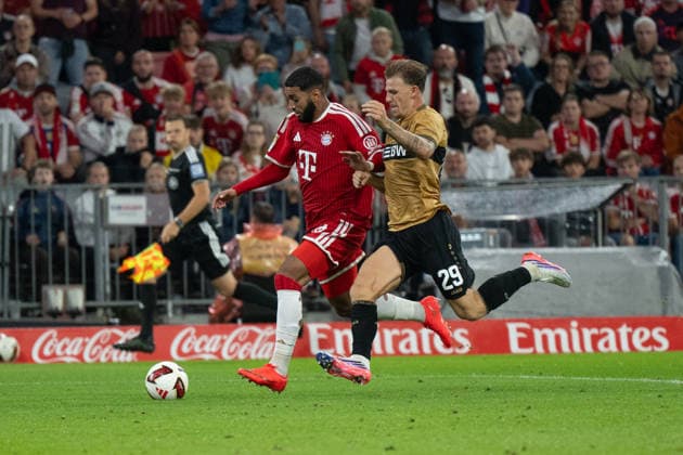 GER, Bayern, Muenchen, Fussball, FC Bayern Muenchen - VfB Stuttgart, in der Allianz Arena, Muenchen, Bundesliga, 1. Spieltag, 28.08.26, v.l. Ismael Saibari (FC Bayern Muenchen, 34), Finn Jeltsch (VfB Stuttgart, 29), im Angriff, Zweikampf um den Ball DFL DFB regulations prohibit any use of photographs as image sequences and or quasi-video, *** GER, Bavaria, Munich, Soccer, FC Bayern Munich vs. VfB Stuttgart, at the Allianz Arena, Munich, Bundesliga, Matchday 1, August 28, 2026, from left: Ismael Saibari, FC Bayern Munich, 34; Finn Jeltsch, VfB Stuttgart, 29; on the attack; battling for the ball. DFL and DFB regulations prohibit any use of photographs as image sequences and or quasi-video, Copyright: HMB-Media MichaelxNibel